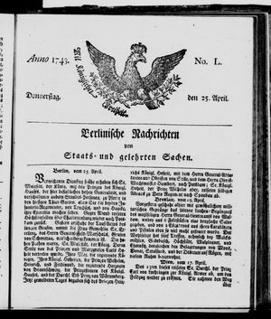 Berlinische Nachrichten von Staats- und gelehrten Sachen vom 25.04.1743