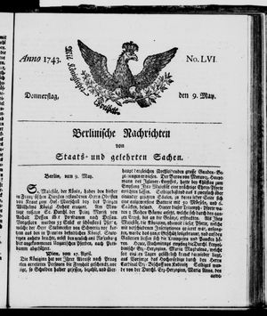 Berlinische Nachrichten von Staats- und gelehrten Sachen on May 9, 1743