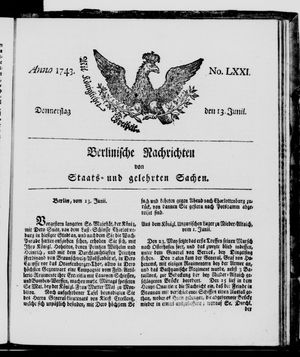 Berlinische Nachrichten von Staats- und gelehrten Sachen vom 13.06.1743