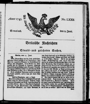 Berlinische Nachrichten von Staats- und gelehrten Sachen vom 15.06.1743
