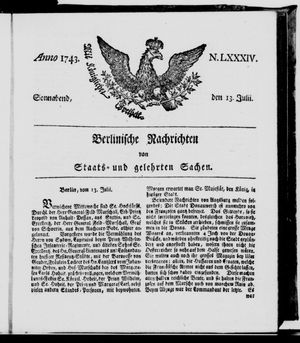 Berlinische Nachrichten von Staats- und gelehrten Sachen vom 13.07.1743