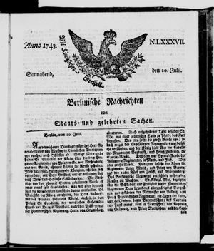 Berlinische Nachrichten von Staats- und gelehrten Sachen vom 20.07.1743