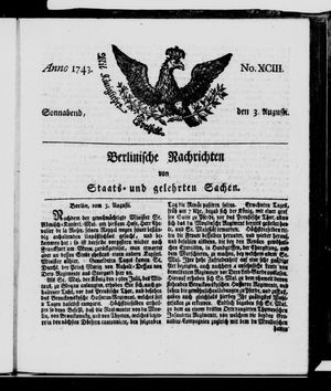 Berlinische Nachrichten von Staats- und gelehrten Sachen vom 03.08.1743