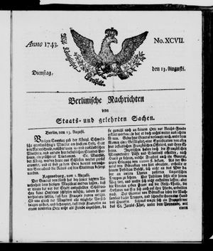 Berlinische Nachrichten von Staats- und gelehrten Sachen vom 13.08.1743