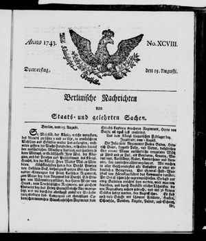 Berlinische Nachrichten von Staats- und gelehrten Sachen vom 15.08.1743