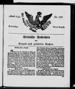 Berlinische Nachrichten von Staats- und gelehrten Sachen vom 29.08.1743