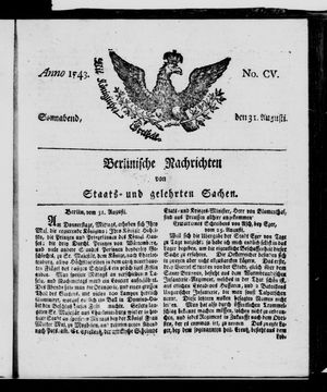 Berlinische Nachrichten von Staats- und gelehrten Sachen vom 31.08.1743