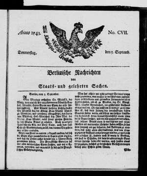 Berlinische Nachrichten von Staats- und gelehrten Sachen vom 05.09.1743