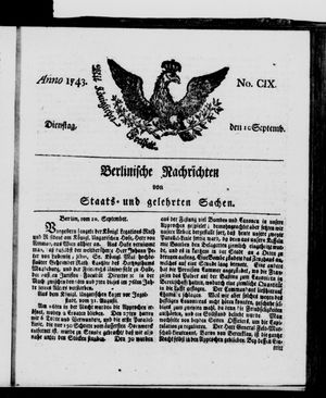 Berlinische Nachrichten von Staats- und gelehrten Sachen vom 10.09.1743