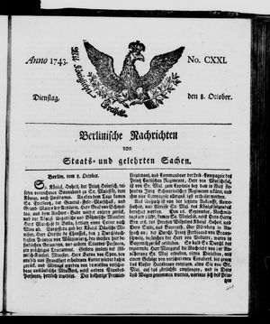 Berlinische Nachrichten von Staats- und gelehrten Sachen vom 08.10.1743