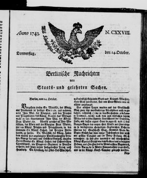 Berlinische Nachrichten von Staats- und gelehrten Sachen vom 24.10.1743