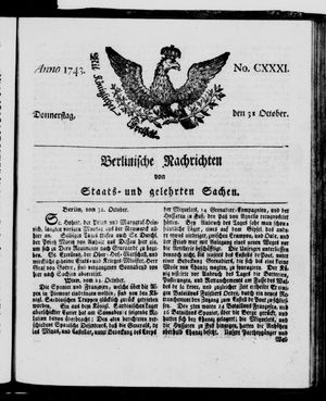 Berlinische Nachrichten von Staats- und gelehrten Sachen vom 31.10.1743