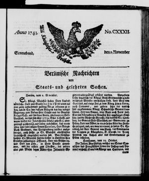 Berlinische Nachrichten von Staats- und gelehrten Sachen on Nov 2, 1743