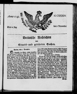 Berlinische Nachrichten von Staats- und gelehrten Sachen vom 07.11.1743