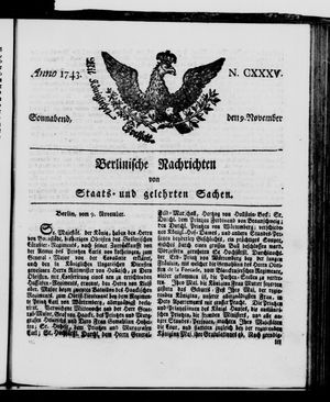 Berlinische Nachrichten von Staats- und gelehrten Sachen vom 09.11.1743