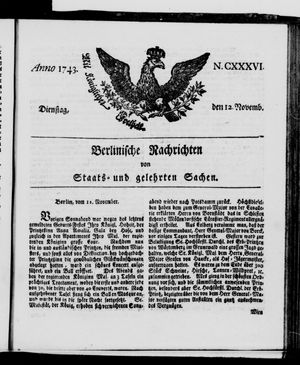Berlinische Nachrichten von Staats- und gelehrten Sachen vom 12.11.1743