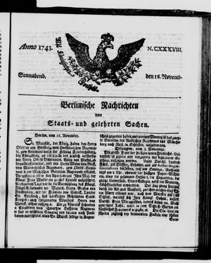 Berlinische Nachrichten von Staats- und gelehrten Sachen vom 16.11.1743