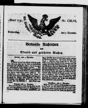 Berlinische Nachrichten von Staats- und gelehrten Sachen vom 05.12.1743