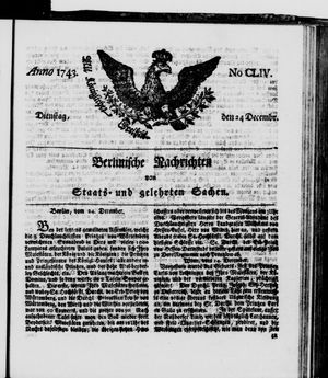 Berlinische Nachrichten von Staats- und gelehrten Sachen vom 24.12.1743