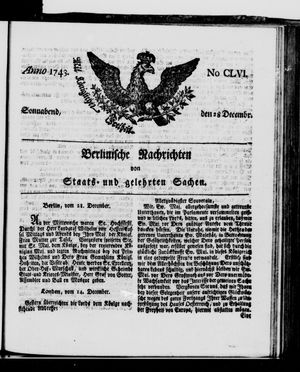 Berlinische Nachrichten von Staats- und gelehrten Sachen vom 28.12.1743