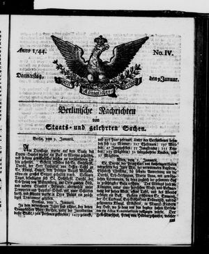 Berlinische Nachrichten von Staats- und gelehrten Sachen vom 09.01.1744