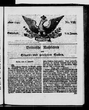 Berlinische Nachrichten von Staats- und gelehrten Sachen vom 18.01.1744