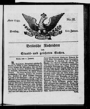 Berlinische Nachrichten von Staats- und gelehrten Sachen on Jan 21, 1744