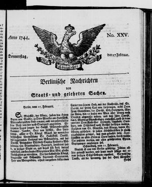 Berlinische Nachrichten von Staats- und gelehrten Sachen vom 27.02.1744