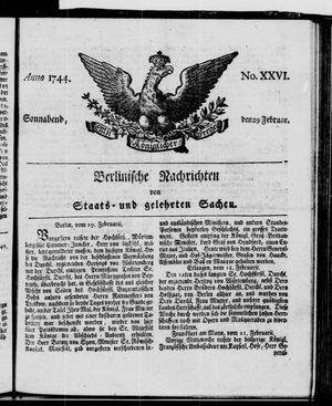 Berlinische Nachrichten von Staats- und gelehrten Sachen vom 29.02.1744