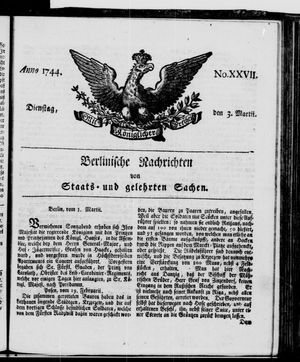 Berlinische Nachrichten von Staats- und gelehrten Sachen vom 03.03.1744