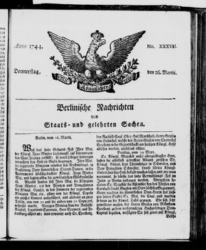 Berlinische Nachrichten von Staats- und gelehrten Sachen vom 26.03.1744