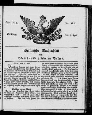 Berlinische Nachrichten von Staats- und gelehrten Sachen vom 07.04.1744