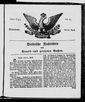 Berlinische Nachrichten von Staats- und gelehrten Sachen vom 25.04.1744