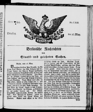 Berlinische Nachrichten von Staats- und gelehrten Sachen vom 26.05.1744