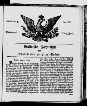 Berlinische Nachrichten von Staats- und gelehrten Sachen vom 13.06.1744