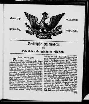 Berlinische Nachrichten von Staats- und gelehrten Sachen vom 23.07.1744