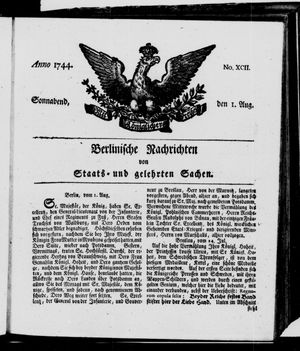 Berlinische Nachrichten von Staats- und gelehrten Sachen vom 01.08.1744