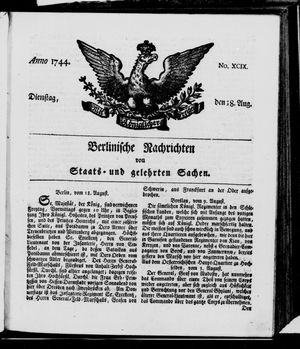 Berlinische Nachrichten von Staats- und gelehrten Sachen vom 18.08.1744