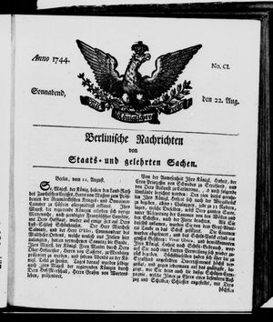 Berlinische Nachrichten von Staats- und gelehrten Sachen vom 22.08.1744