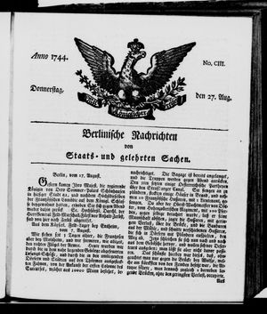 Berlinische Nachrichten von Staats- und gelehrten Sachen vom 27.08.1744