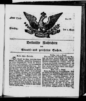Berlinische Nachrichten von Staats- und gelehrten Sachen vom 01.09.1744