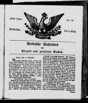 Berlinische Nachrichten von Staats- und gelehrten Sachen on Sep 10, 1744