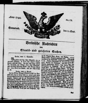 Berlinische Nachrichten von Staats- und gelehrten Sachen vom 12.09.1744