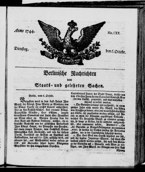 Berlinische Nachrichten von Staats- und gelehrten Sachen vom 06.10.1744