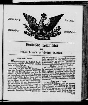 Berlinische Nachrichten von Staats- und gelehrten Sachen vom 08.10.1744
