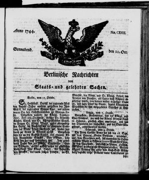 Berlinische Nachrichten von Staats- und gelehrten Sachen on Oct 10, 1744