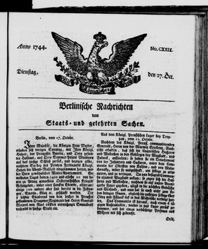 Berlinische Nachrichten von Staats- und gelehrten Sachen vom 27.10.1744