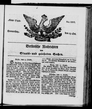 Berlinische Nachrichten von Staats- und gelehrten Sachen vom 29.10.1744