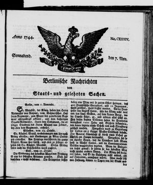 Berlinische Nachrichten von Staats- und gelehrten Sachen vom 07.11.1744