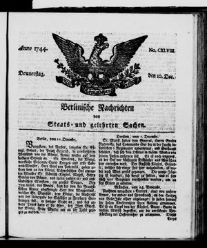 Berlinische Nachrichten von Staats- und gelehrten Sachen on Dec 10, 1744
